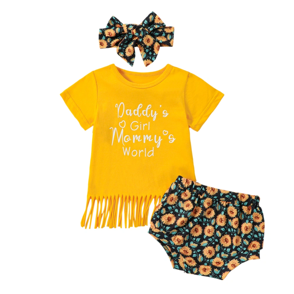 Baby Girl Summer Outfit Letter Print Tassel Short Sleeve T-Shirts Leopard/Flower Print Shorts Headband 3Pcs Clothes Set