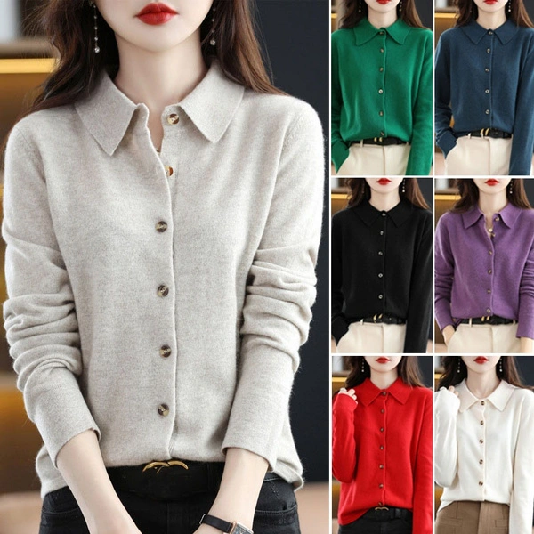 New Women`s Cashmere Knit Sweater Autumn and Winter Fashion Soft and Comfortable Lapel Button Long Sleeve Slim Fit Sweater Casual Women Solid Color Knit Cardigan Jacket