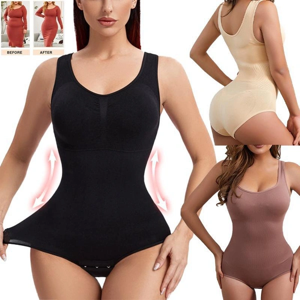 Women Waist Trainer Bodysuit Slim Full Body Shapewear Seamless Round Neck Jumpsuits Tummy Control Compression Tops