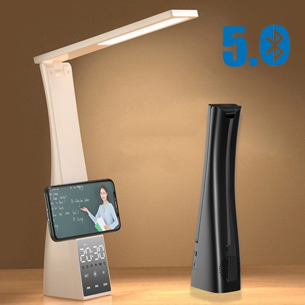 LED Desk Lamp with Bluetooth Speaker Audio Player Mirror Alarm Clock Temperature Meter Radio Phone Bracket USB Rechargable 4 Level Dimming Foldable Table Lamp Support TF Card