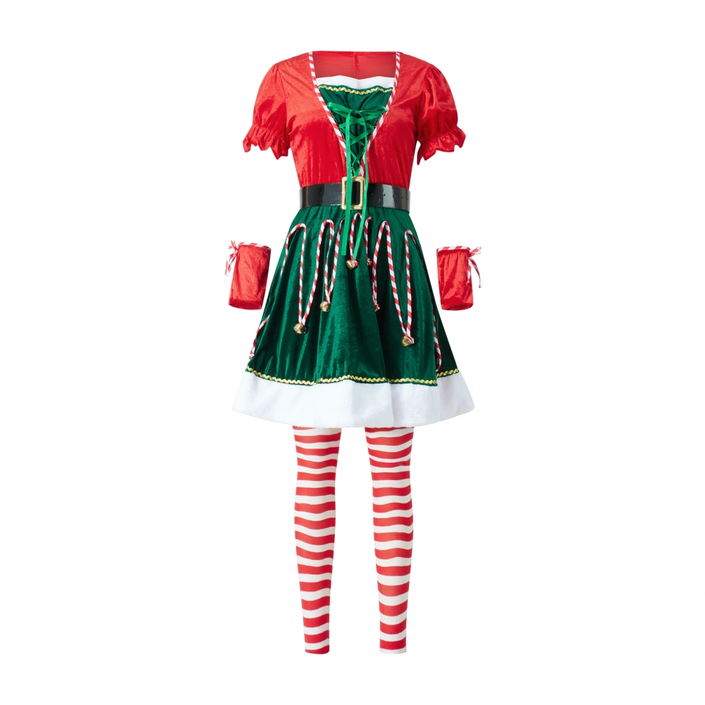 Women Christmas Elf Costume, Deluxe Santa's Helper Suit with Dress Elf Hat Belt Stockings