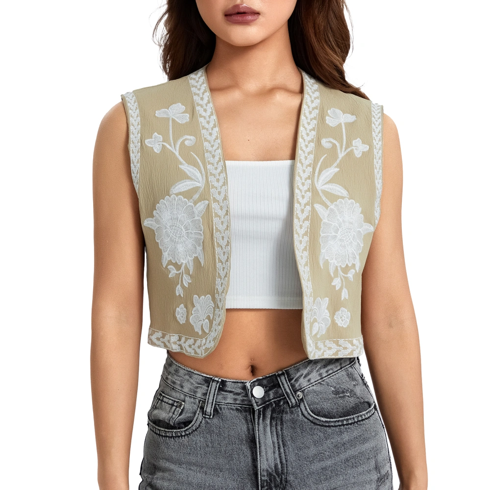 Women Vest, Sleeveless Open Front Embroidery Flower Outwear Gilet for Casual Street