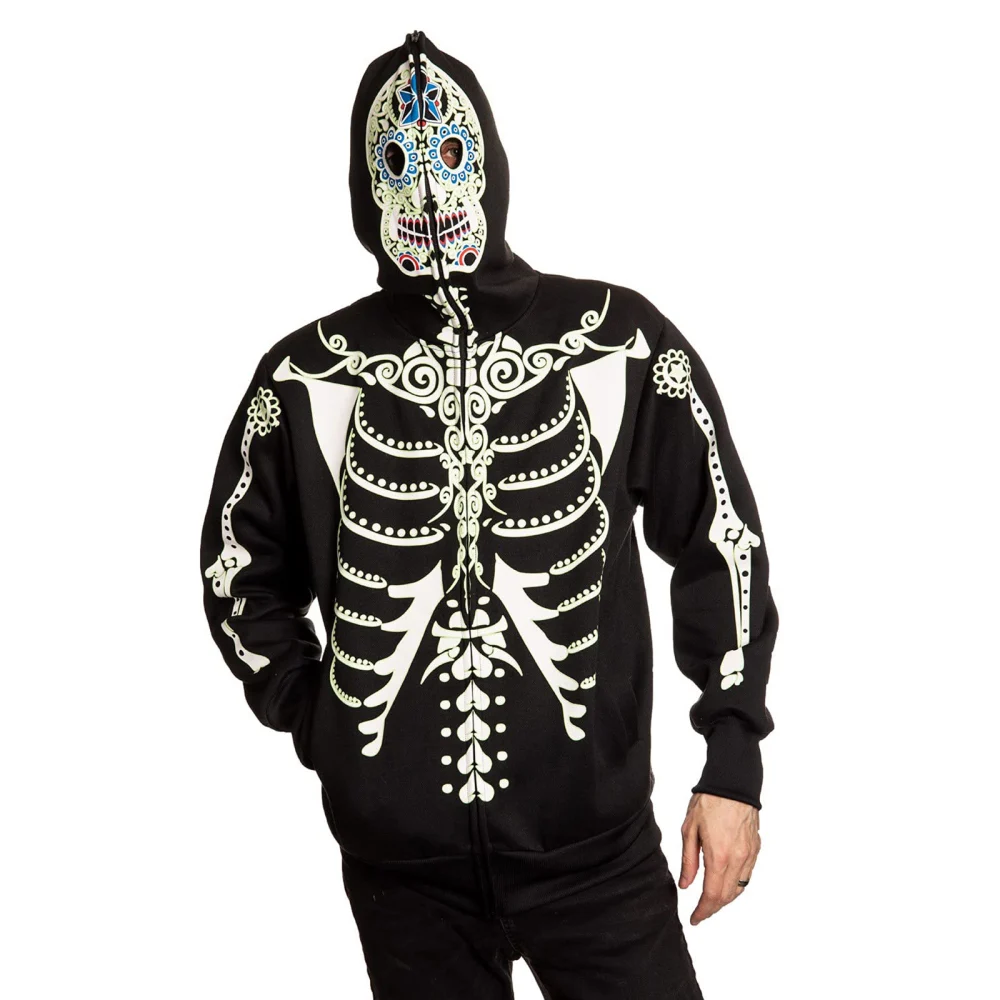 Men Women Skeleton Pattern Hoodies Glow In The Dark Long Sleeve Zip Up Over Face Sweatshirts Loose Streetwear Tops