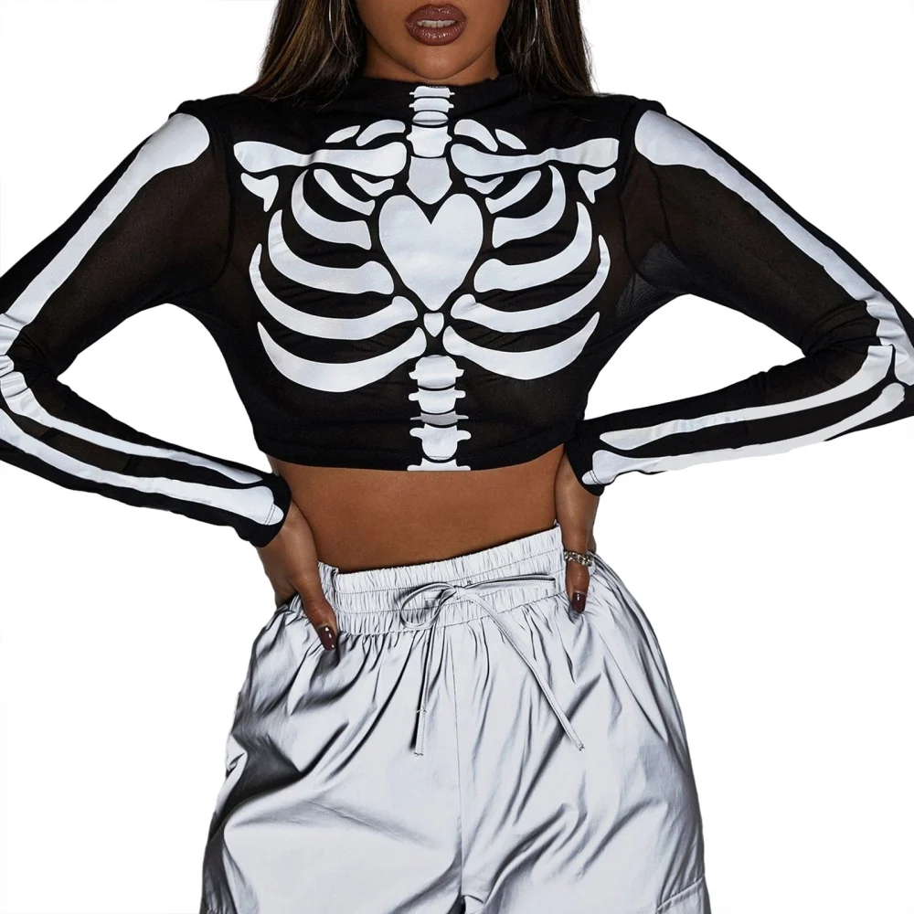 Women Gothic Long Sleeve Tops Skeleton Print Crop Shirt Fitted Pullovers for Club Streetwear Aesthetic Clothes