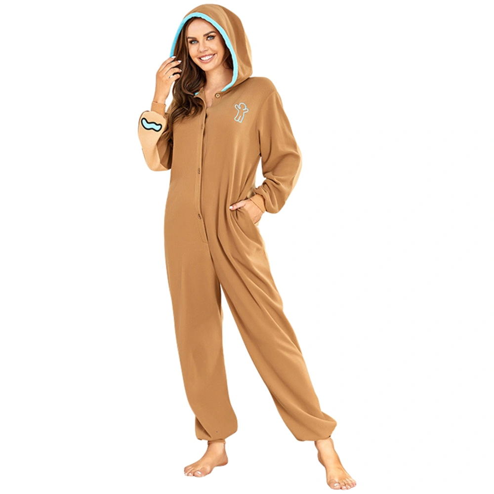 Women's Christmas Pajamas Romper Long Sleeve Button Down Hooded Jumpsuit Sleepwear Gingerbread Costume Outfit