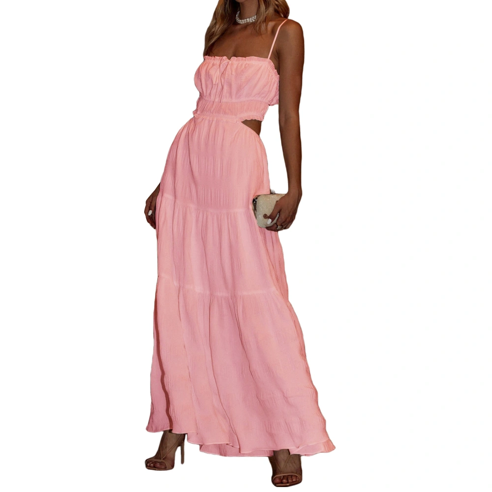 Women Summer Casual Long Dress Solid Color Spaghetti Strap Tie-Up Backless Sleeveless Bohemian Dress Fashion Cami Dress