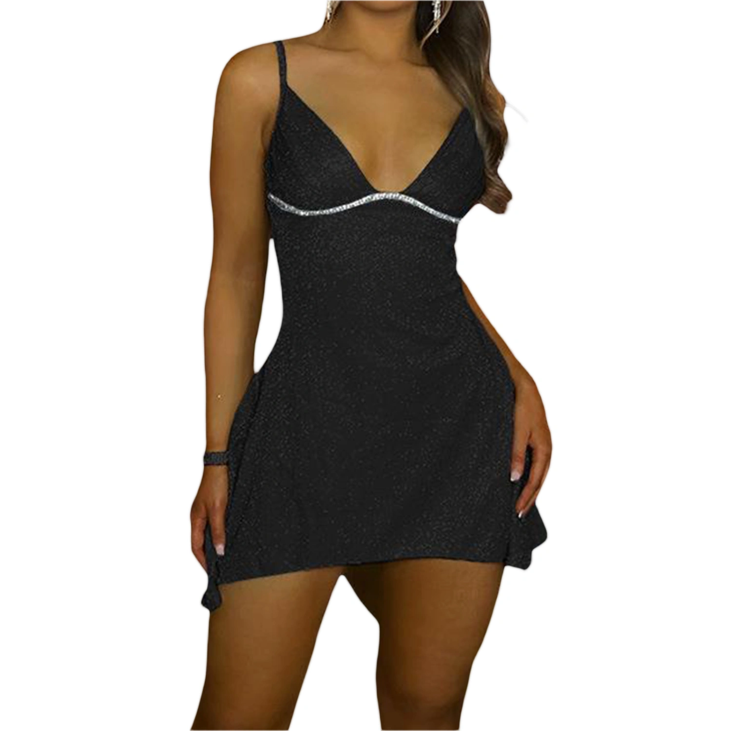 Women Slip Dress, Spaghetti Straps Backless Shiny Summer Dress Mini Dress for Club Party