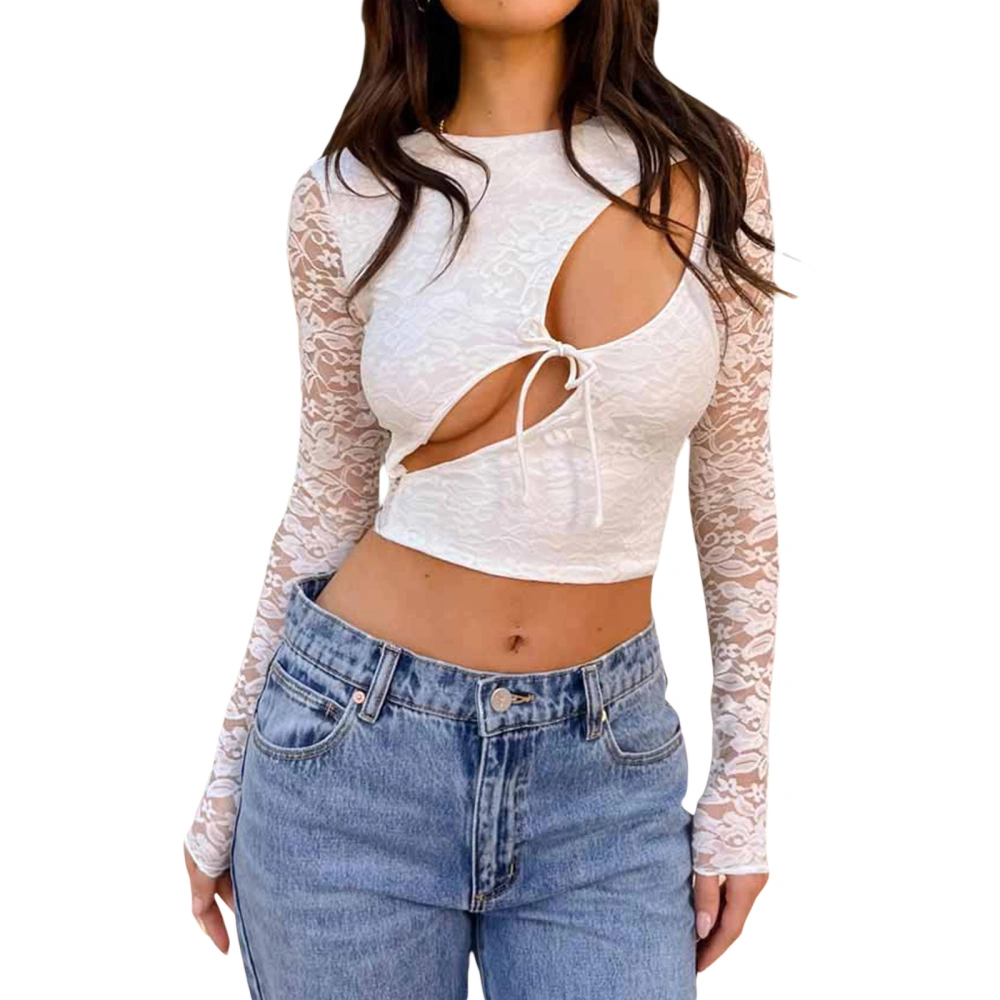 Women’s Lace Crop Tops Long Sleeve Cutout Tie-up Front Solid Color Slim Fit T-Shirts Blouses