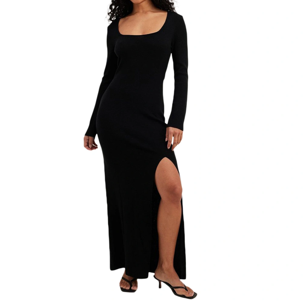 Women's Fall Long Dress Elegant Long Sleeve Scoop Neck Solid Color Midi Dress Thigh Split Dress