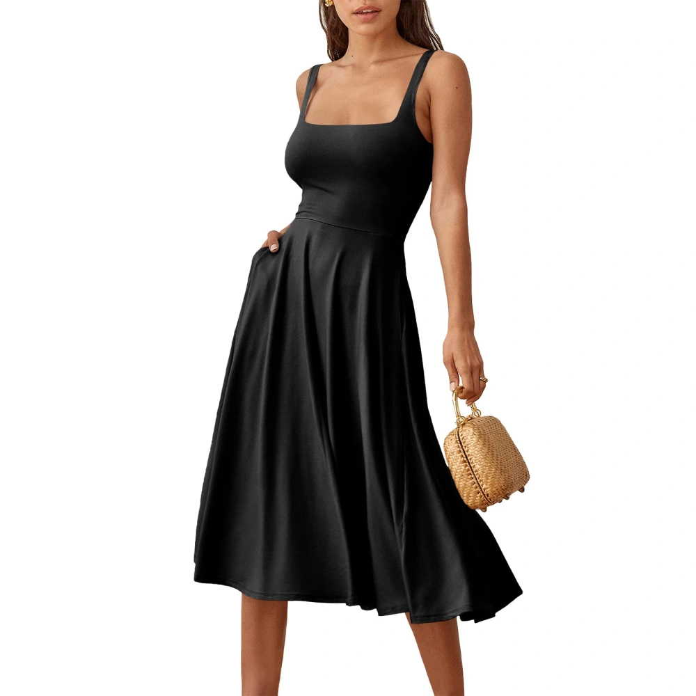 Women’s Summer Tank Dress Sleeveless Square Neck Solid Color A-line Dress Long Dress with Pockets