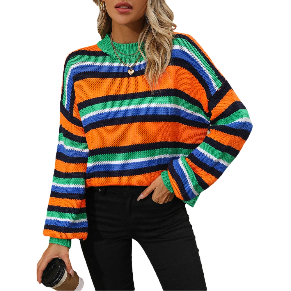 Women's Striped Sweaters Long Sleeve Crew Neck Drop Shoulder Loose Fit Knit Pullover Jumper Tops