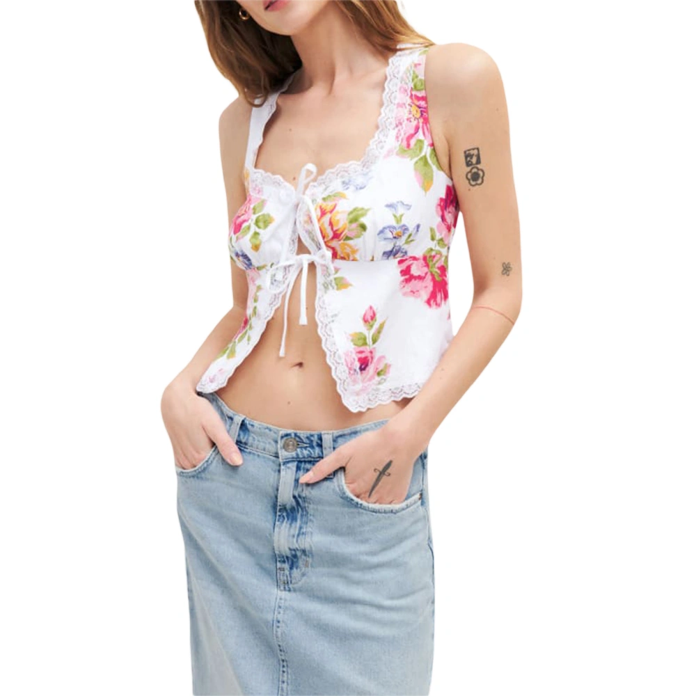 Women Tank Top, Sleeveless Tie-up Lace Patchwork Flower Summer Tops