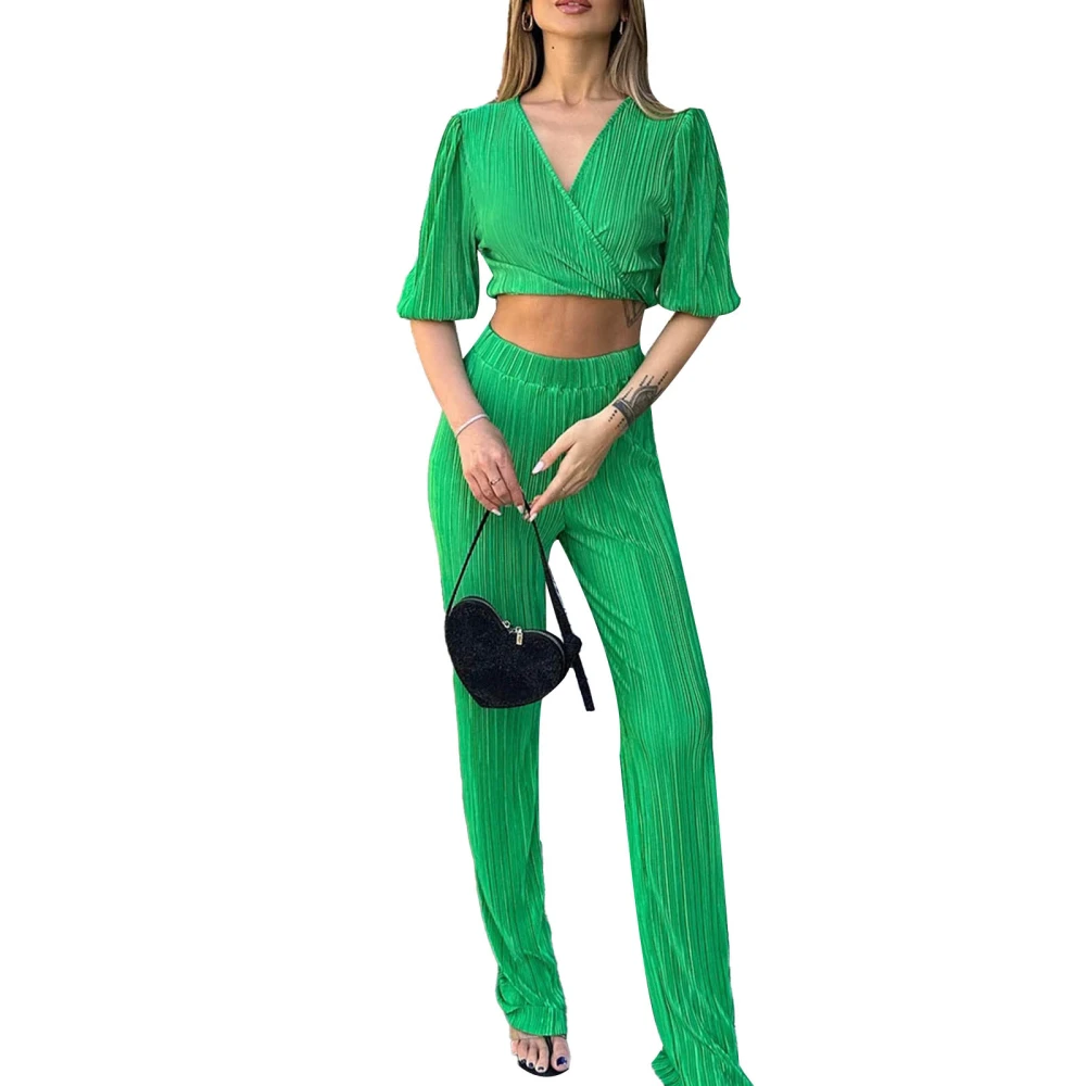 Women’s 2 Piece Summer Outfits Short Sleeve Wrap V Neck Crop Tops + Pants Set Loungewear