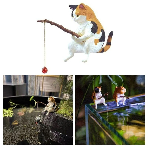 Fishing Cat Ornaments Aquarium Decoration Fish Landscaping Cartoon Cat Statue Mini Resin Figurine Home Decorations