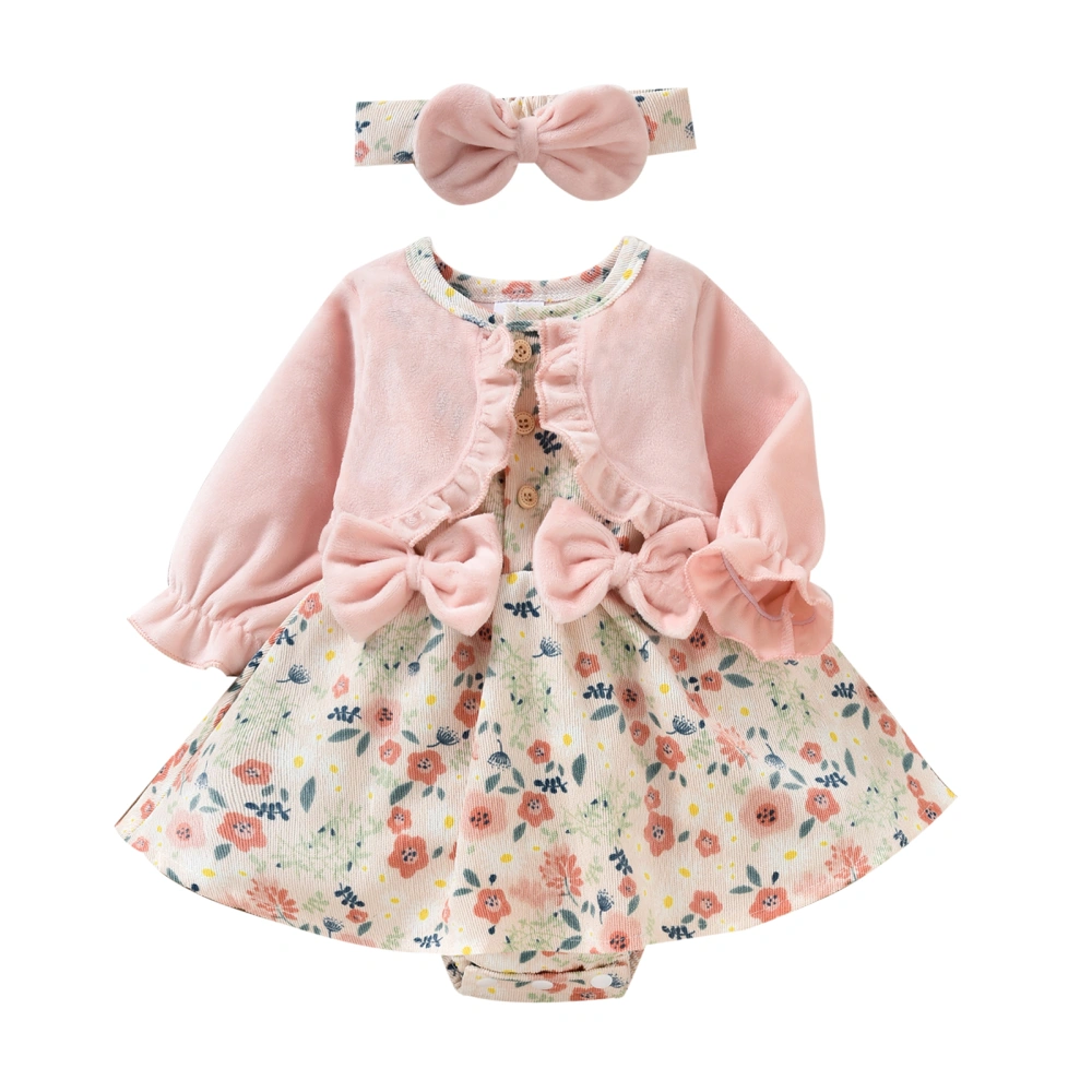 Newborn Girl Casual Romper Outfits, Long Sleeve Floral Printed Patchwork Dress Style Playsuit + Bow-Knot Decor Headband Set