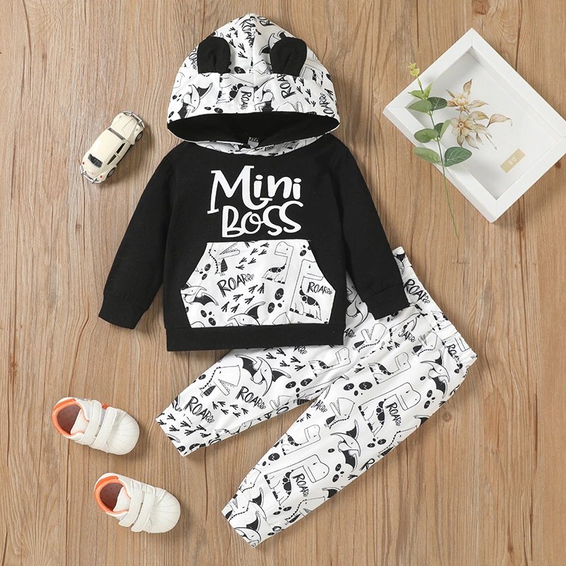 Baby Boy Pants Suit Cartoon Ear Decoration Letter Printing Big Pocket Sweater + High Waist Trouser Suit