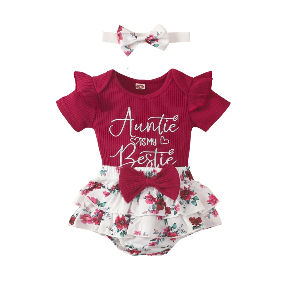 Infant Baby Girls 3 Pieces Outfit, Short Sleeve Letter Embroidery Romper + Floral/Leopard Print Shorts + Headband Set