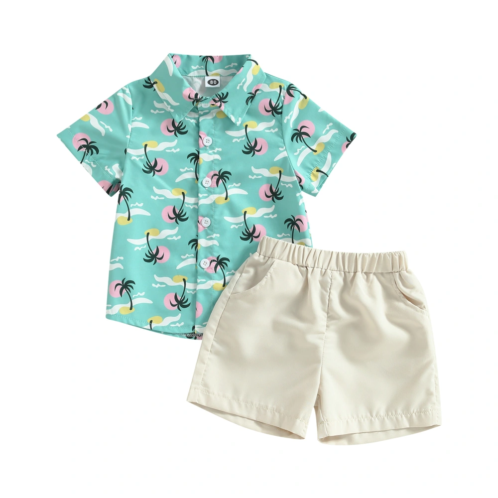 Kids Boys Gentleman Outfits Summer Coconut Tree Print Short Sleeve Button Up Shirt and Casual Elastic Shorts Set