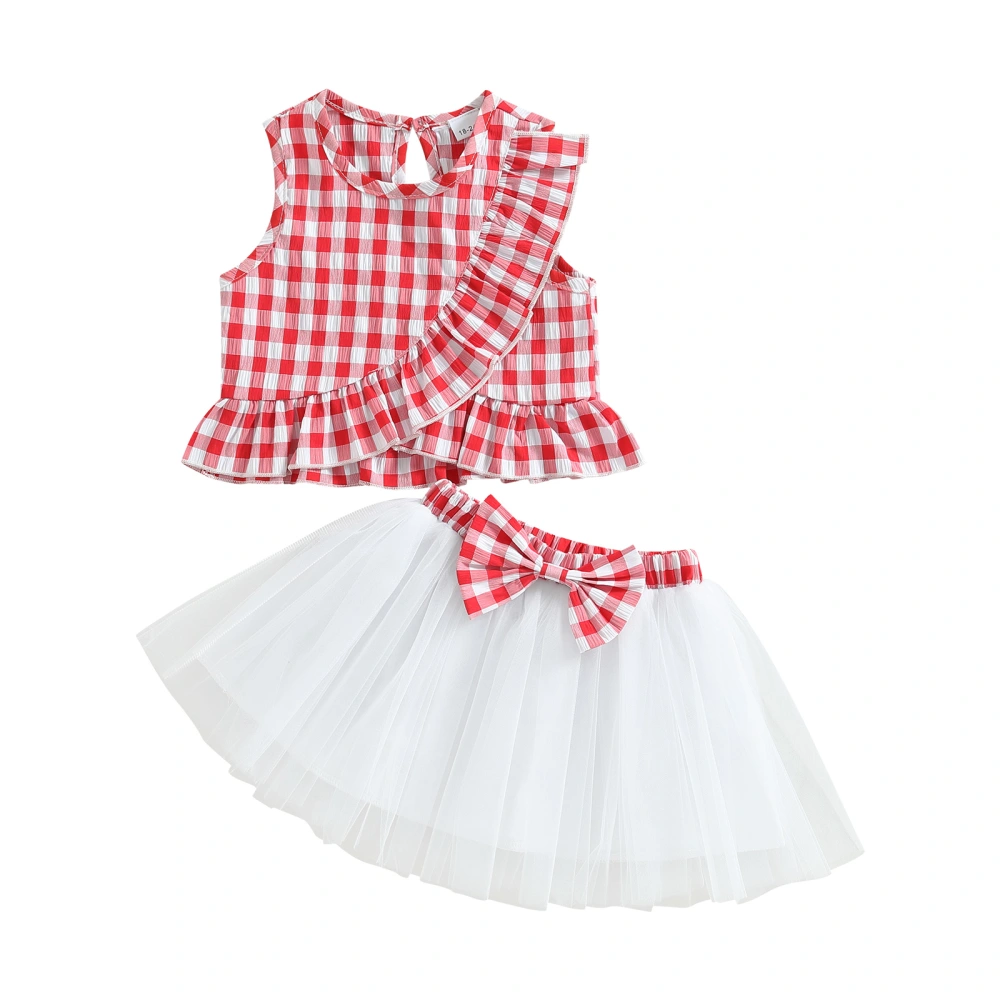 2PCS Baby Girls Summer Outfits, Sleeveless Plaid Print Ruffle Tank Tops + Tutu Skirt Set