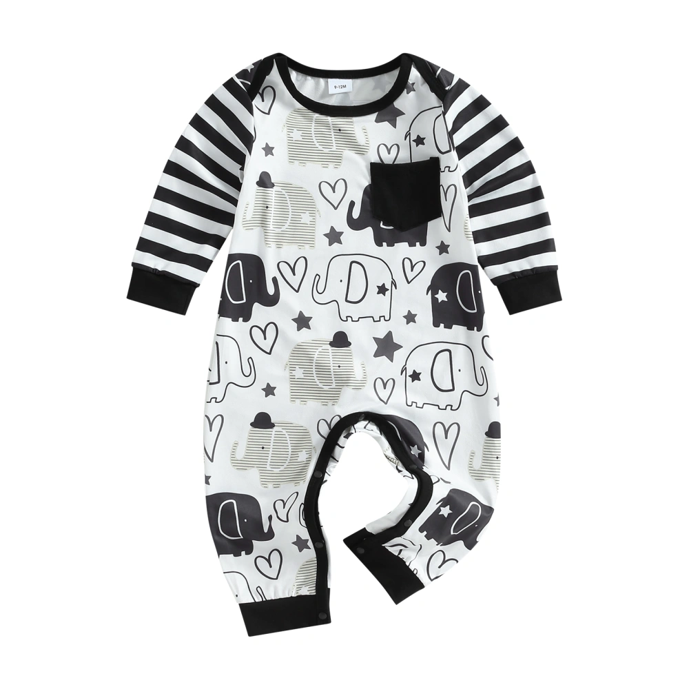 Baby Boys Spring Autumn Jumpsuit Long Sleeve O Neck Heart Elephant Print Striped Patchwork Romper