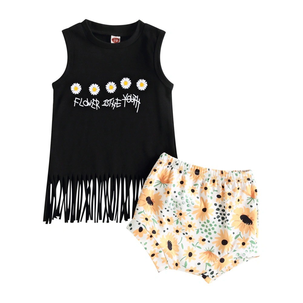 Baby Girls Shorts Set, Sleeveless Crew Neck Letters Print Tasseled Vest with Elastic Waist Flower Print Shorts Summer Outfit