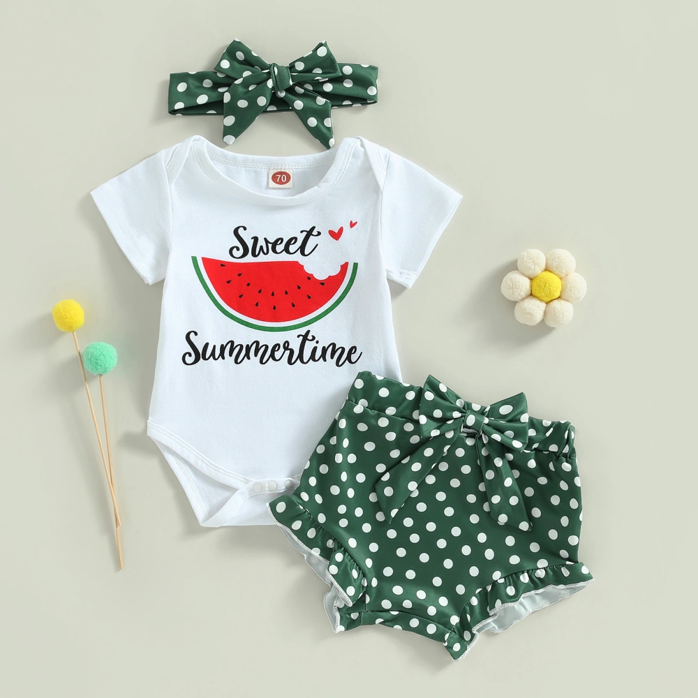 Baby Girls Summer Jumpsuit Outfit Watermelon Print Short Sleeve Romper and Elastic Ruffled Dot Shorts Headband Set