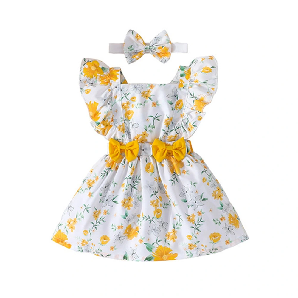 Toddler Baby Girls Floral Dress Summer Casual Ruffle Flying Sleeve Dress and Headband for Party