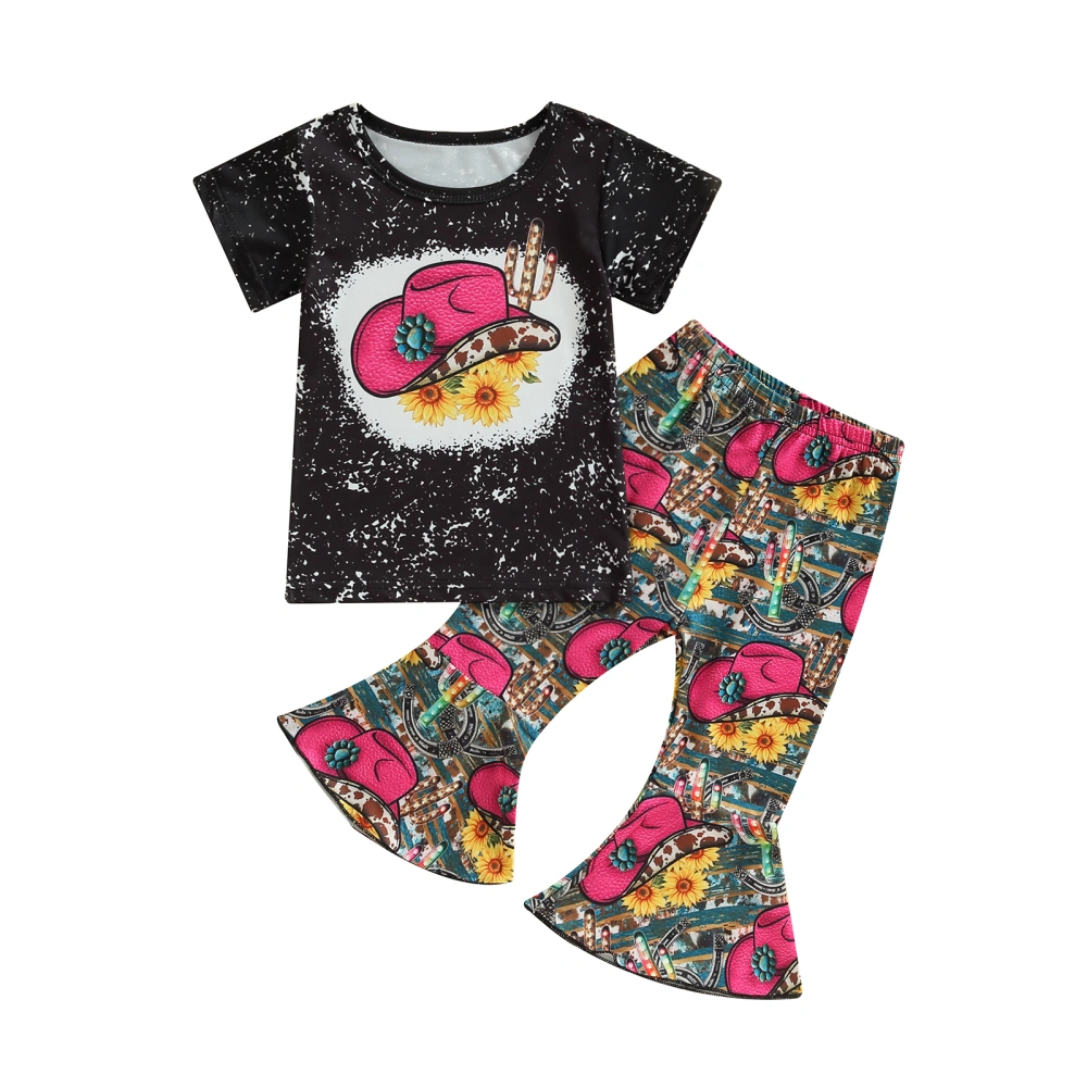 Toddler Girl 2Pcs Western Outfits, Short Sleeve Hat/Cowboy T-Shirt + Cartoon Bell Bottoms Set