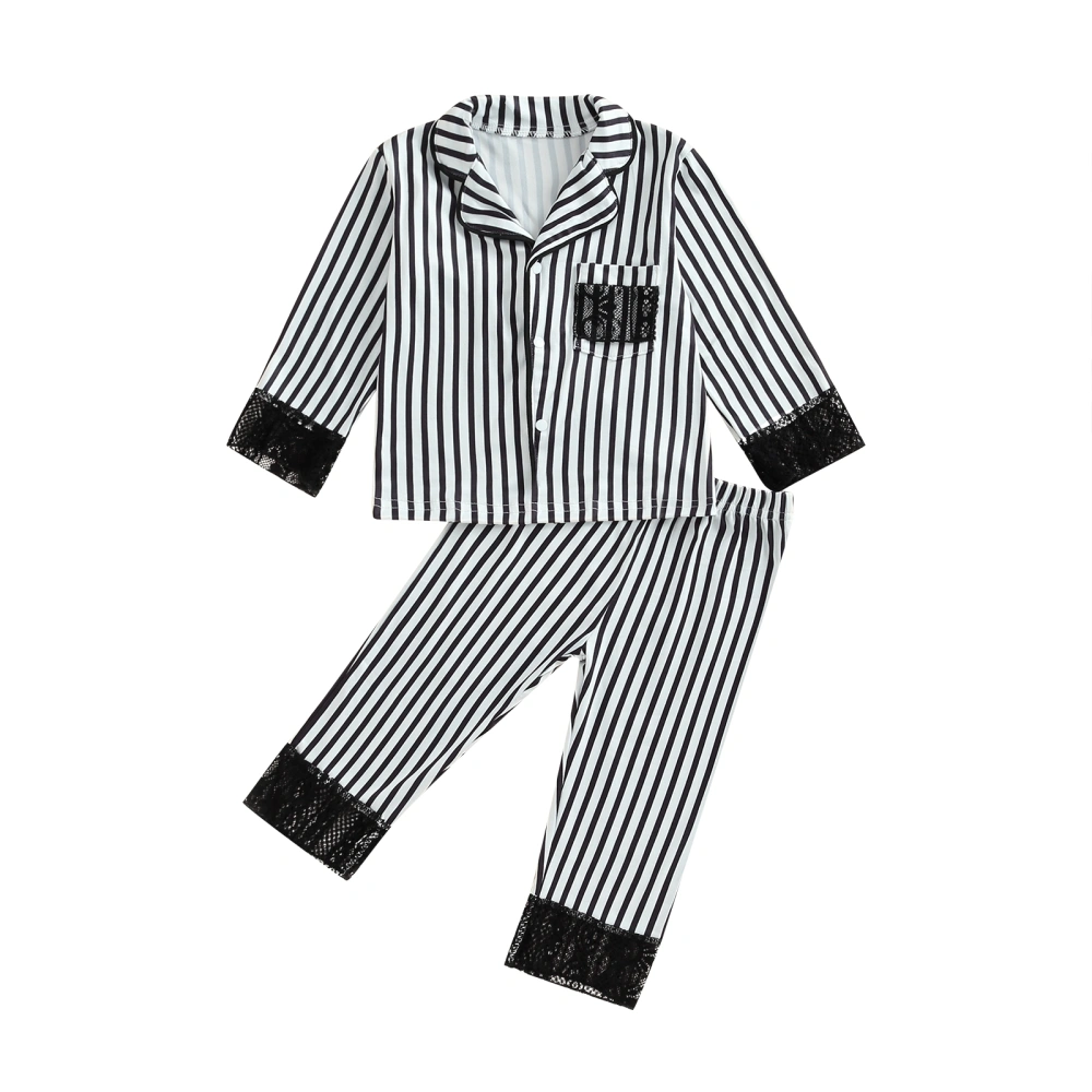 Kid Girls Stripe Pajamas Set Lace Patchwork Long Sleeve Button-Down Tops Long Pants 2 Pieces Lounge Suit Sleepwear