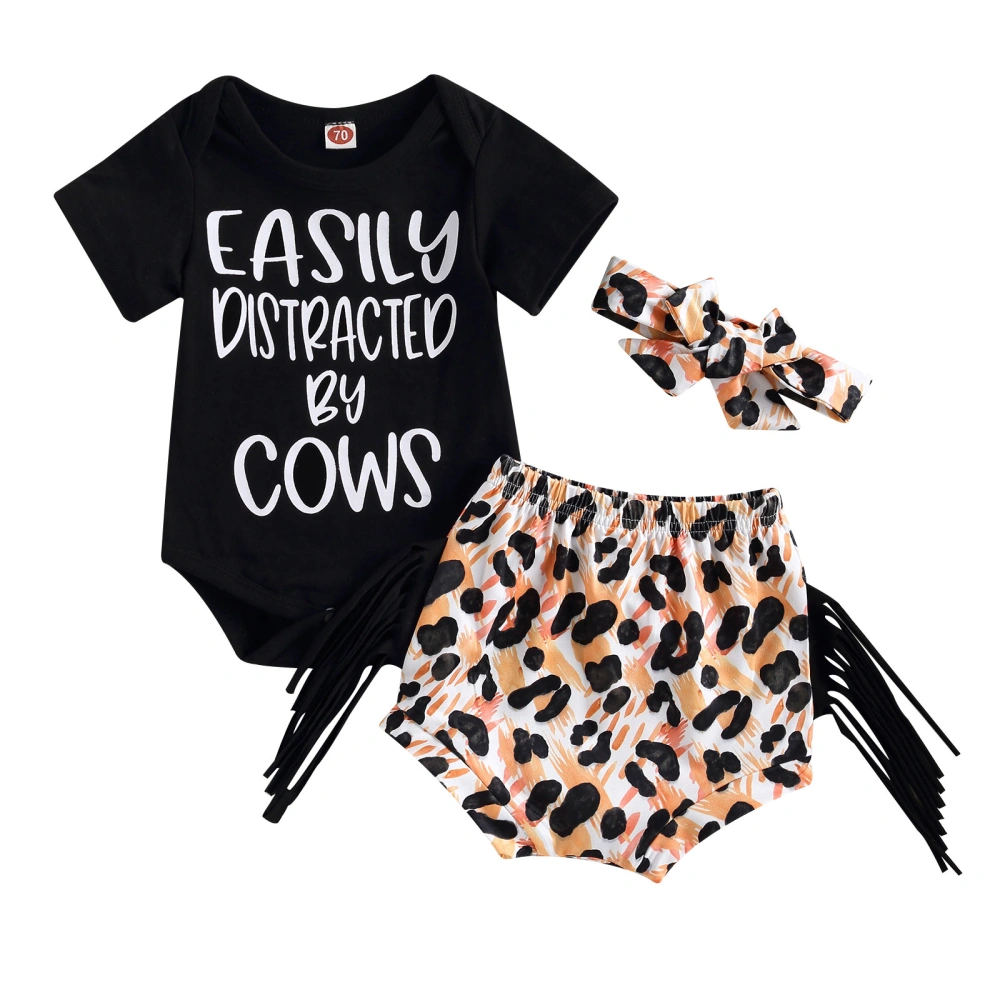 Baby Girl Clothes Suits Letter Print Short Sleeve Crew Neck Romper Tassel Leopard Print Shorts Headband 3Pcs Set