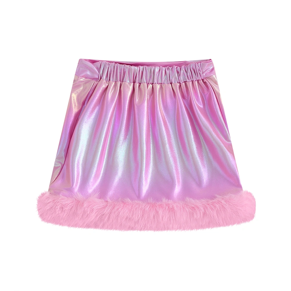 Kids Girl Mini Skirts Holographic Plush Trim High Elastic Waisted Short Skirts Fall Casual Pencil Skirts