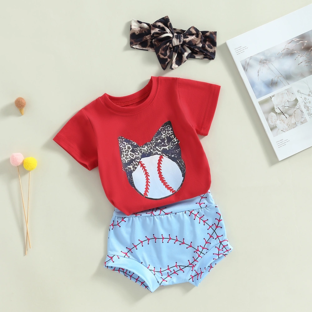 Baby Girl Summer Clothes Suits Leopard Baseball Print Short Sleeve Crew Neck T-Shirts Shorts Headband 3Pcs Set