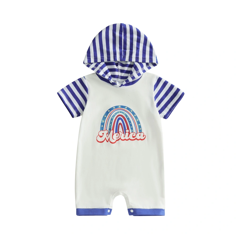 Baby Boys Summer Hooded Jumpsuit Short Sleeve Letter Rainbow Stripe Print Patchwork Romper