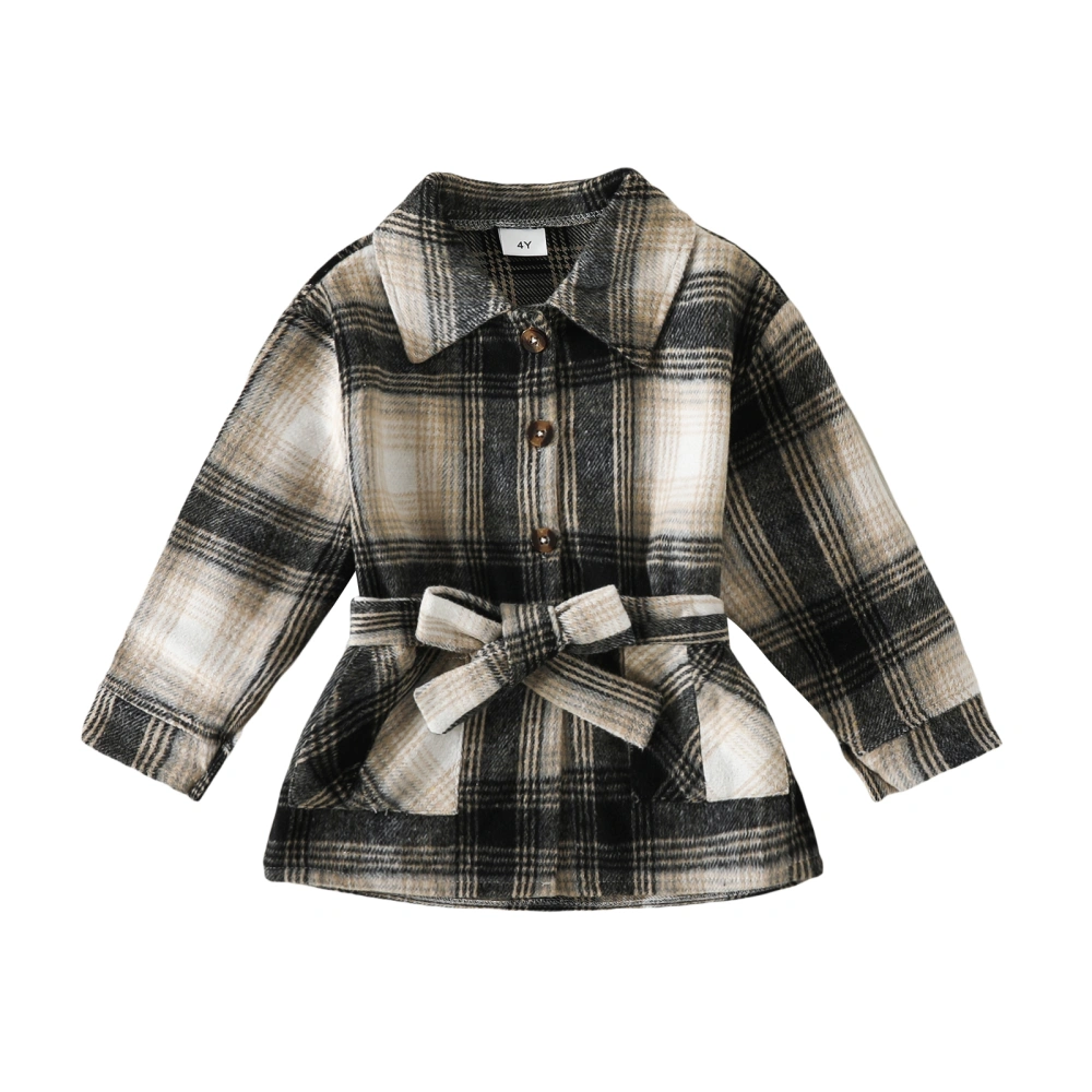 Girls Jacket, Long Sleeve Turn-down Collar Button Closure Plaid Jacket with Belt Fall Clothes