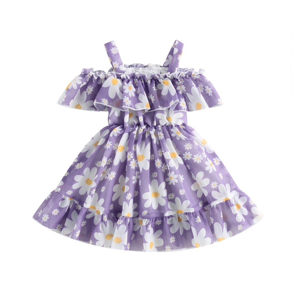 Toddler Kids Girls Princess Dress Floral Print/Solid Color Ruffles Boat Neck Sling Dress Summer Casual Dress