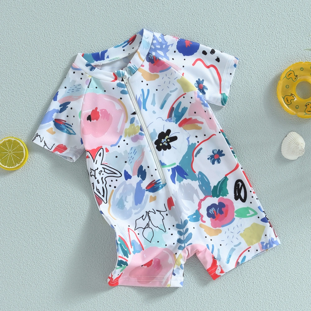 Baby Girls Boys Rash Guard Swimsuit Playsuits Watercolour Print Zipper Short Sleeve Sun Protection Bathing Suit