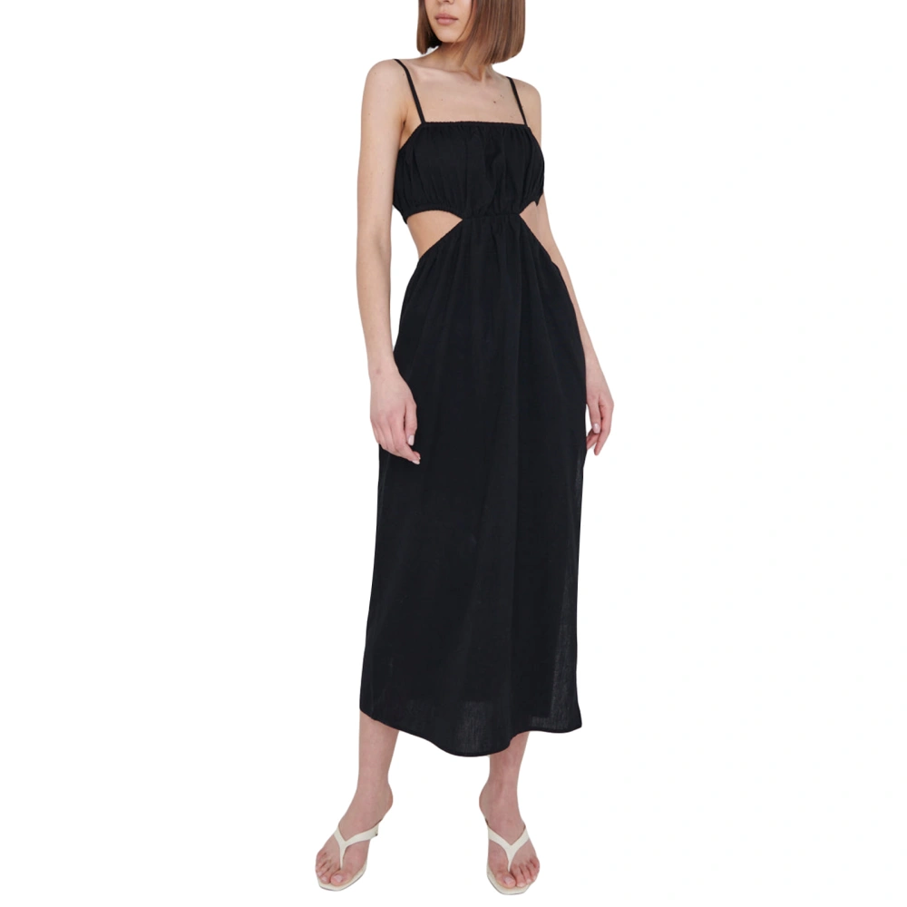 Women Summer Casual Long Dress Solid Color Waist Cutout Sleeveless Cami Dress Fashion Slit Party Backless Dress