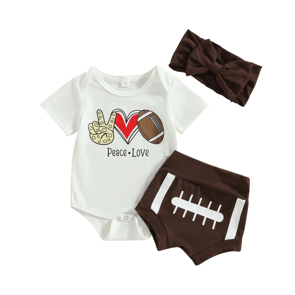 Baby 2Pcs Summer Outfits, Short Sleeve Graphic Romper + Football Shorts + Headband Set Newborn Clothes