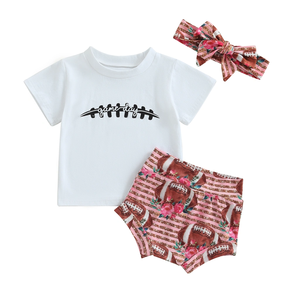 Baby Girl Summer Outfits Letter Rugby Print Short Sleeve Crew Neck T-Shirts Shorts Headband 3Pcs Clothes Set