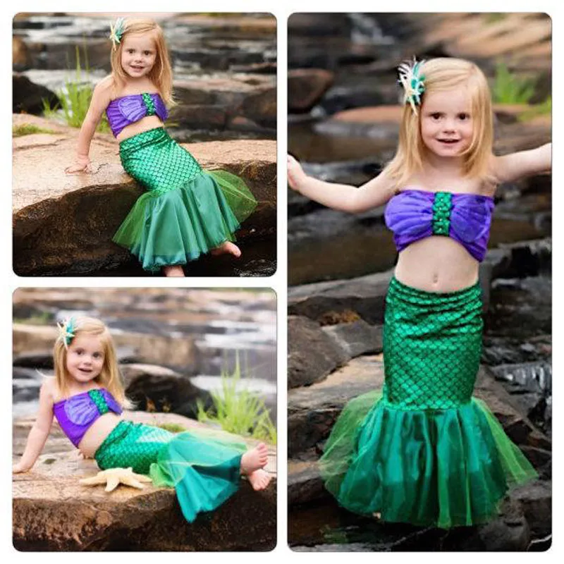 Summer Baby Girls Swimsuit, 2 Pieces Swimwear Swimmable Short Top+Mermaid Tails Skirt Costume