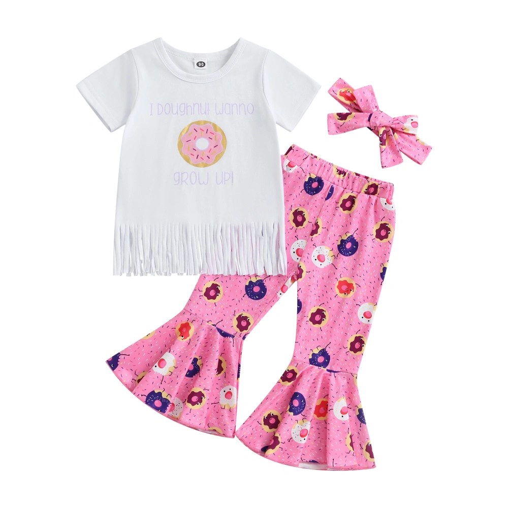 Kids Girls 3PCS Outfits Donut Print Short Sleeve T-Shirt with Tassel and Flare Pants Headbands Set Summer Clothes