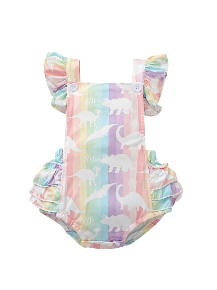 Baby Girl’s Sweet Ruffles Fly Sleeve Romper Fashion Dinosaur Rainbow Stripe Backless Jumpsuits