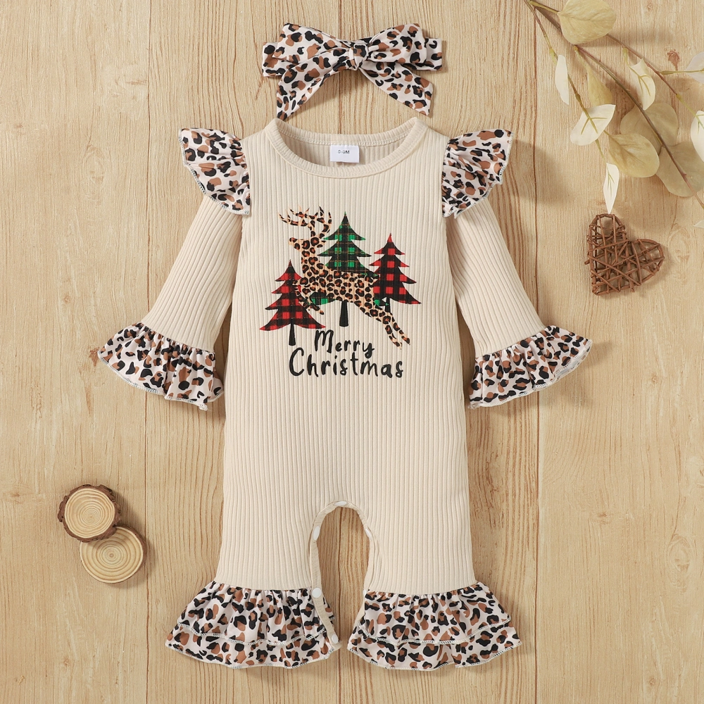 Baby Leopard Print Clothes Set, Christmas Long Flared Sleeve O-neck Jumpsuit+Bow-knot Headband