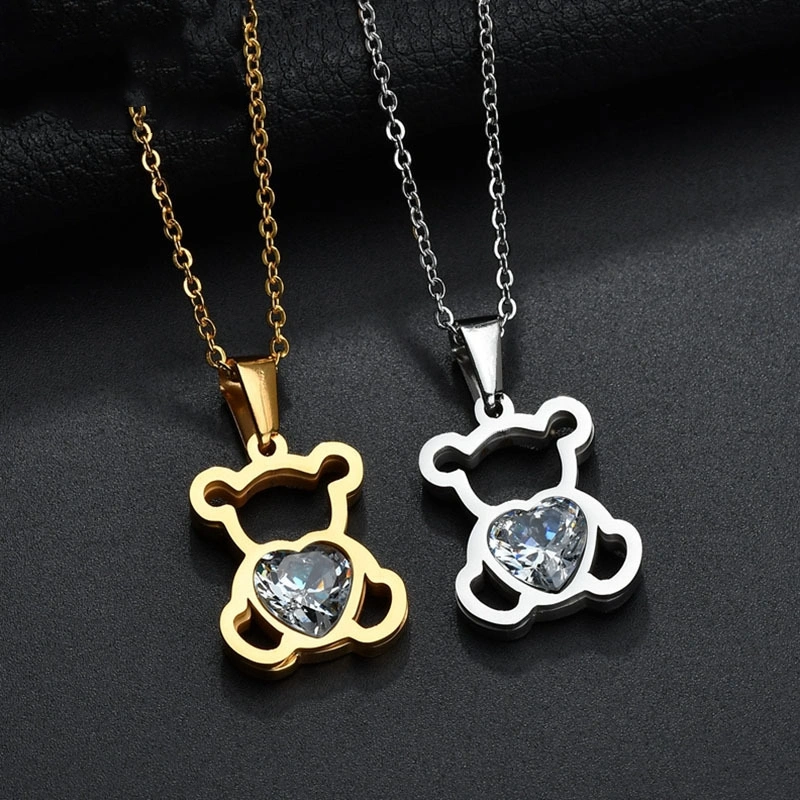 Women's Cute Simple Hollow-out Big Loving Heart Zircon Bear Necklace