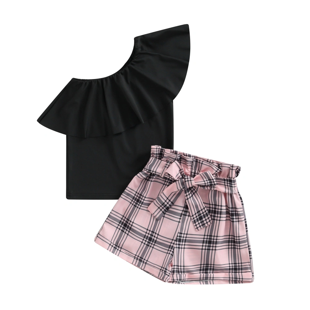 Kids Girl Summer Outfits Solid Color Ruffles One Shoulder Sleeveless Tank Tops Plaid Shorts with Belt 2Pcs Clothes Set