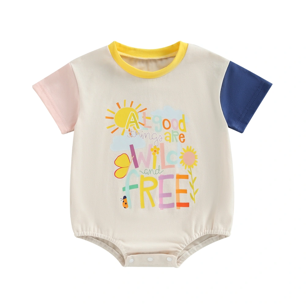 Baby Romper, Short Sleeve Crew Neck Contrast Color Letters Print Summer Bodysuit Clothes for Girls Boys