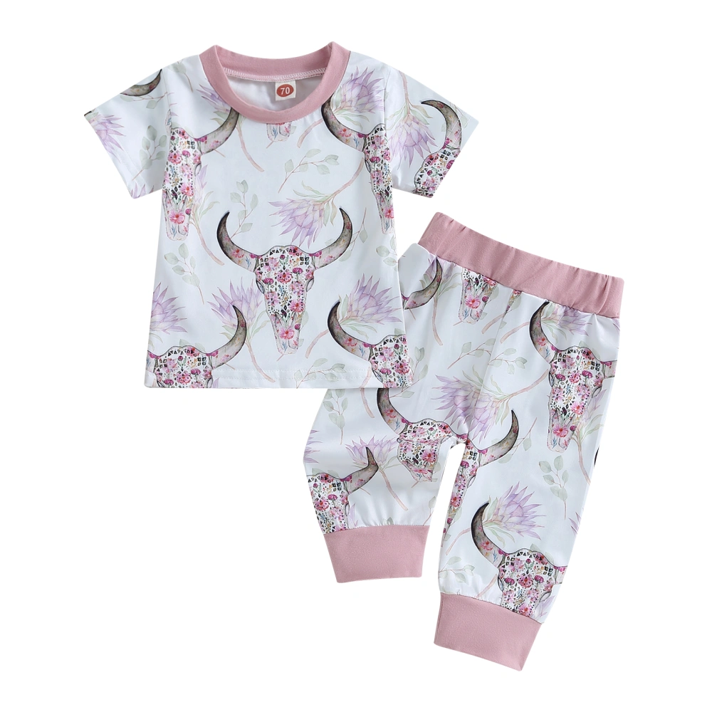 Toddler Girls 2PCS Pants Sets Short Sleeve Crewneck Tops Cattle Head Print Pants Sets Summer Clothes