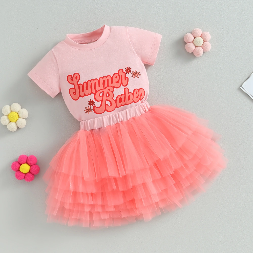 Kids Girls Skirt Set, Short Sleeve Crew Neck Letters Print T-shirt with Tulle Skirt Summer Outfit