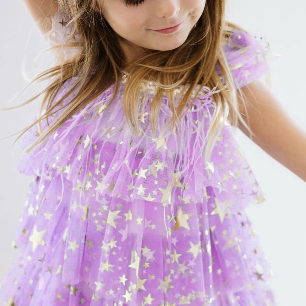 Kids Girls Princess Dress Stars Sequins Fly Sleeve Tiered Ruffles Dress Summer Clothes Pageant Party Dress