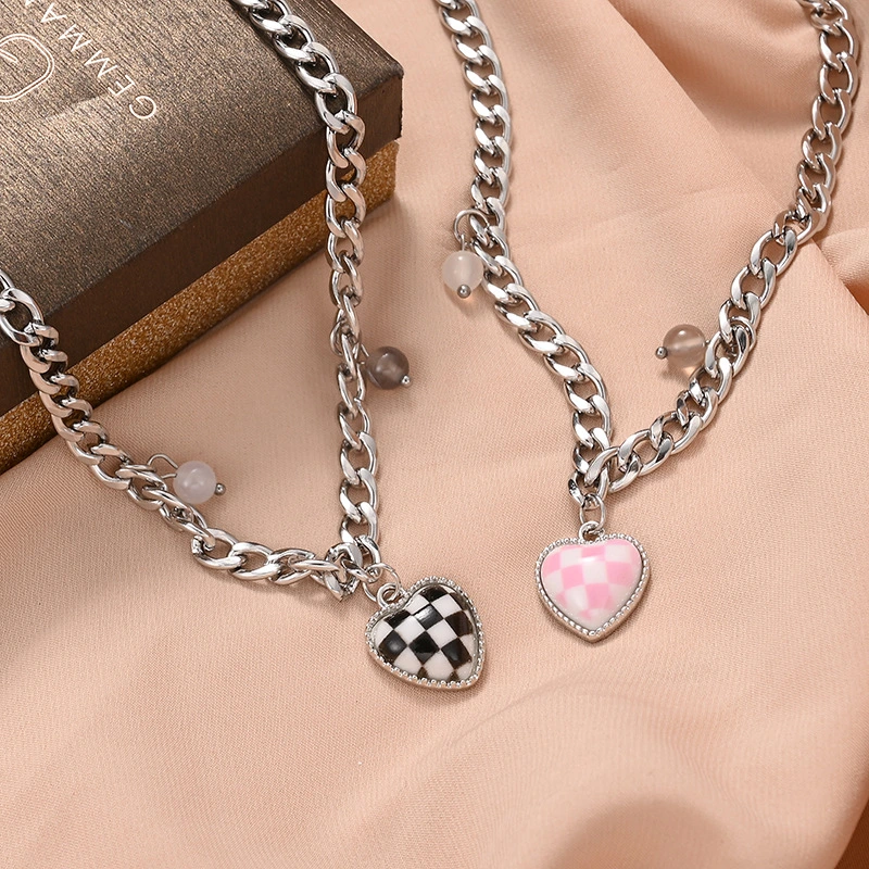 Ins Vintage Checkered Heart Necklace